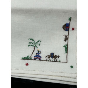 Four Hand Embroidered Napkins 17” X 17” African Women Vessel Head Palm Tree EUC